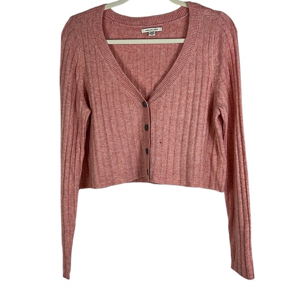 American Eagle long sleeve button down ribbed cropped cardigan Salmon Sz M - Picture 1 of 8
